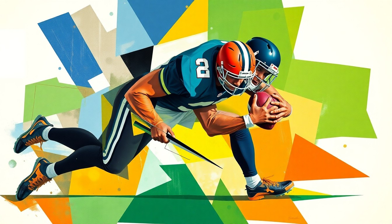 A fragmented, multi-angled painting depicting a football safety making a tackle, with the player's body and the field of play broken down into sharp, overlapping geometric shapes in a vibrant color palette.