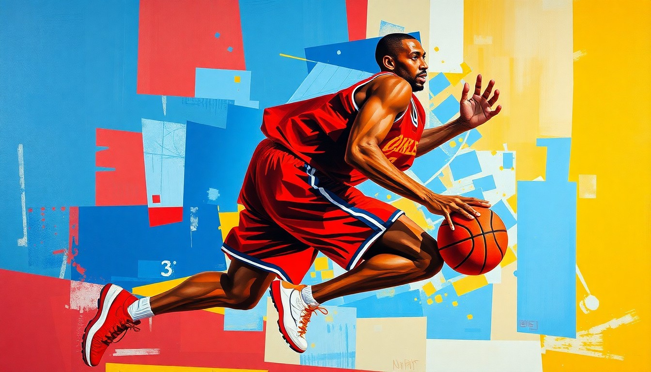 A fragmented, geometric painting depicting a basketball player in motion, with sharp planes of color and overlapping perspectives capturing the dynamism of the sport.