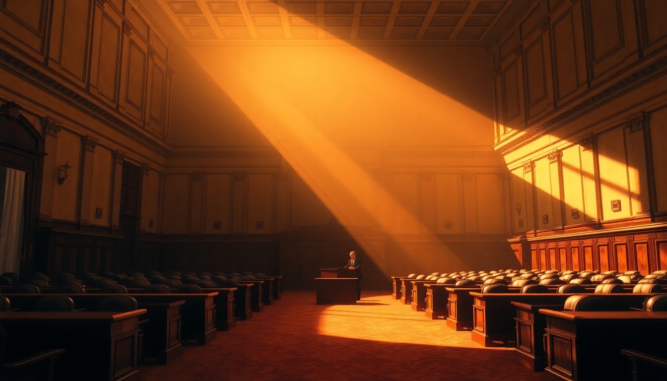 A dimly lit, cinematic painting of an empty government office or legislative chamber, with warm sunlight streaming through the windows and casting deep shadows across the space, conveying a sense of political transition and uncertainty.