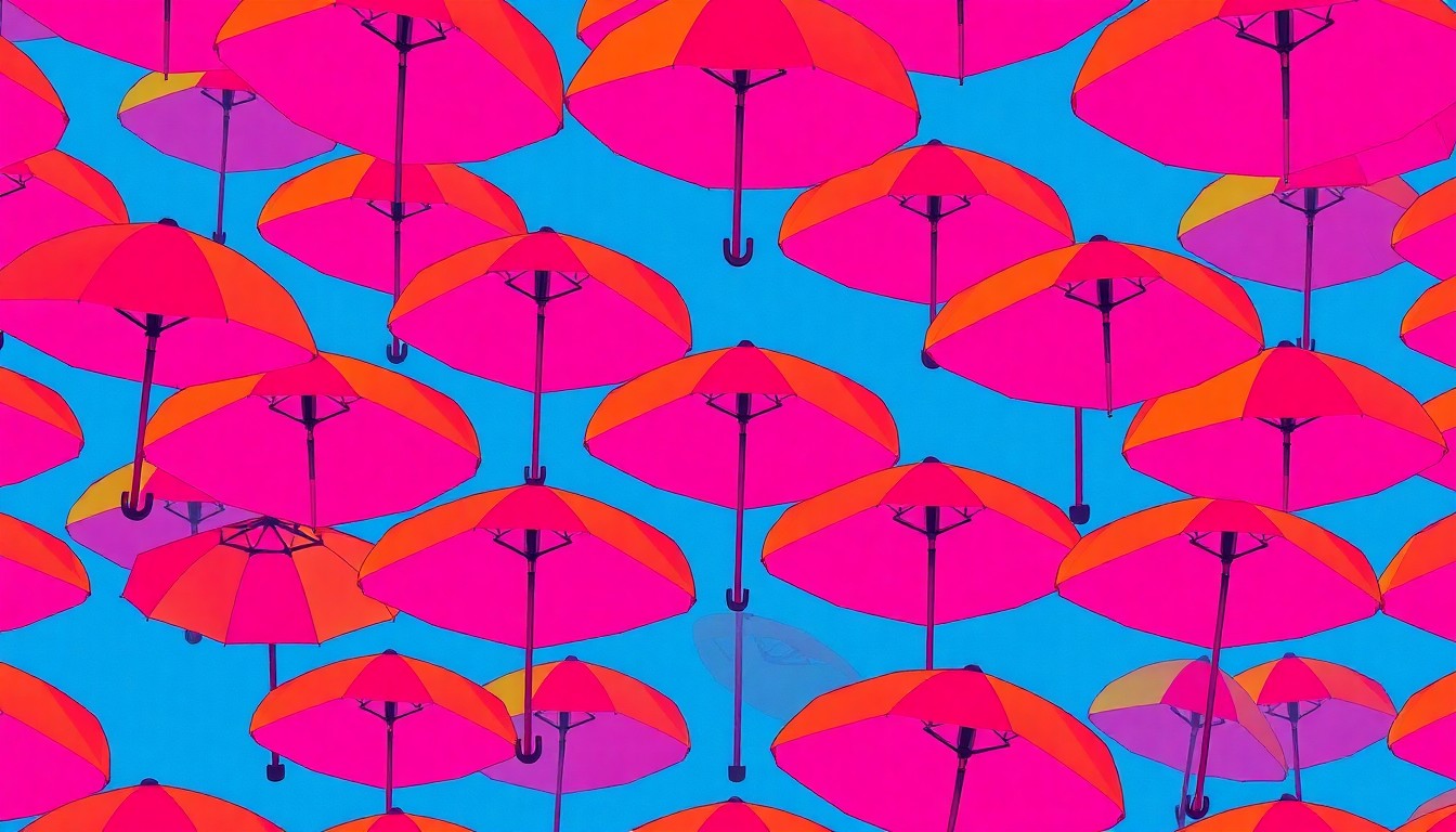 A bold, colorful silkscreen-style illustration of a swimming pool umbrella repeated in a grid pattern, conceptually representing the tension between the pool's functional needs and the surrounding residential neighborhood.