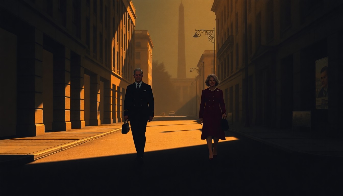A cinematic painting of two shadowy figures walking down a quiet urban street, with warm sunlight and deep shadows creating a pensive, nostalgic mood.