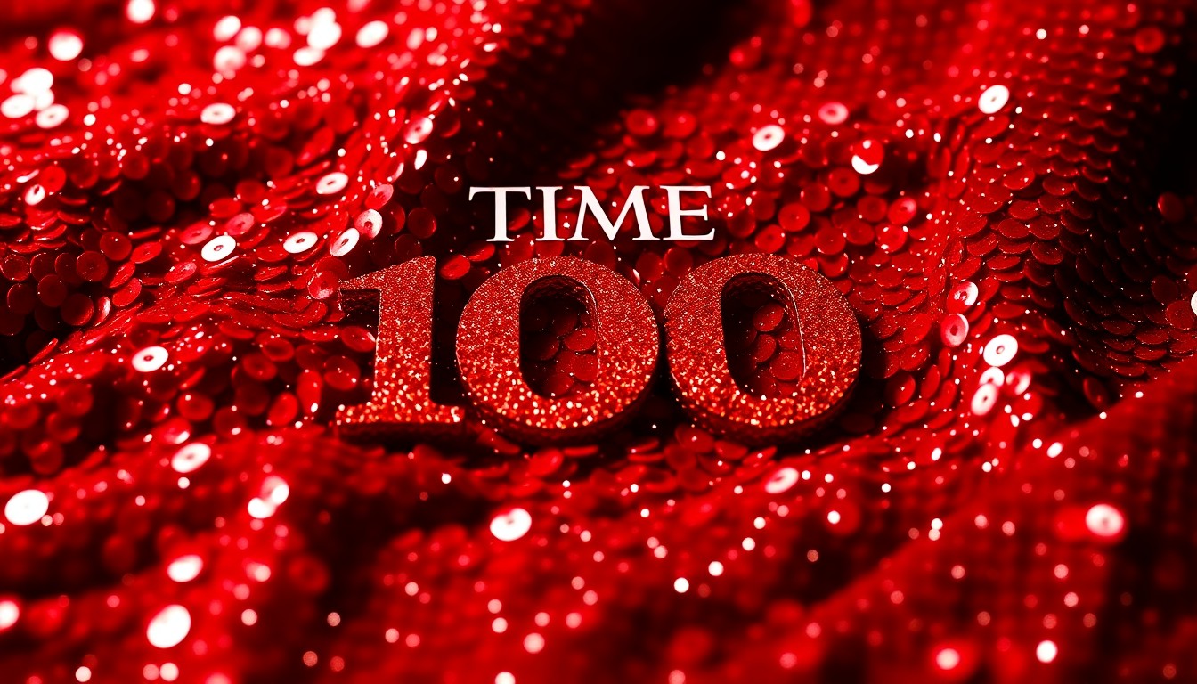 An extreme close-up photograph of shimmering, high-contrast red sequins, conveying the glamour and prestige associated with the TIME 100 list of influential people.