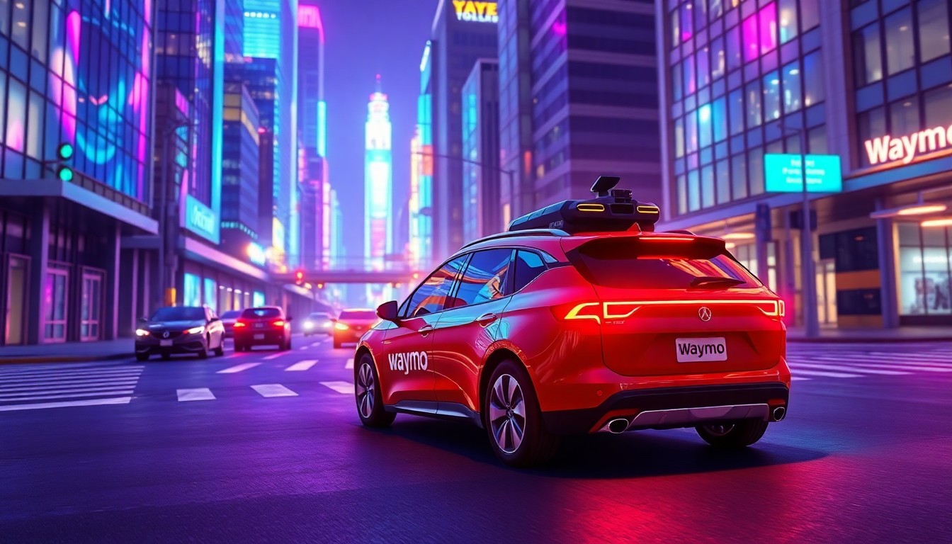 A highly detailed, 3D illustration of a Waymo self-driving car glowing with neon blue and purple lights as it navigates through a busy city intersection, with the surrounding buildings and infrastructure also illuminated in a vibrant, cyberpunk-inspired color palette, conveying the futuristic and high-tech nature of autonomous vehicle technology.
