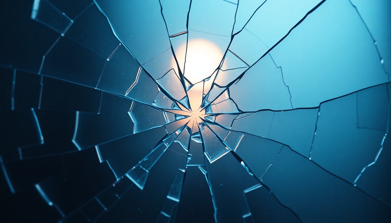 An extreme close-up of shattered glass reflecting a faint light, conceptually representing the fragility and emotional turmoil experienced after a tragic loss.