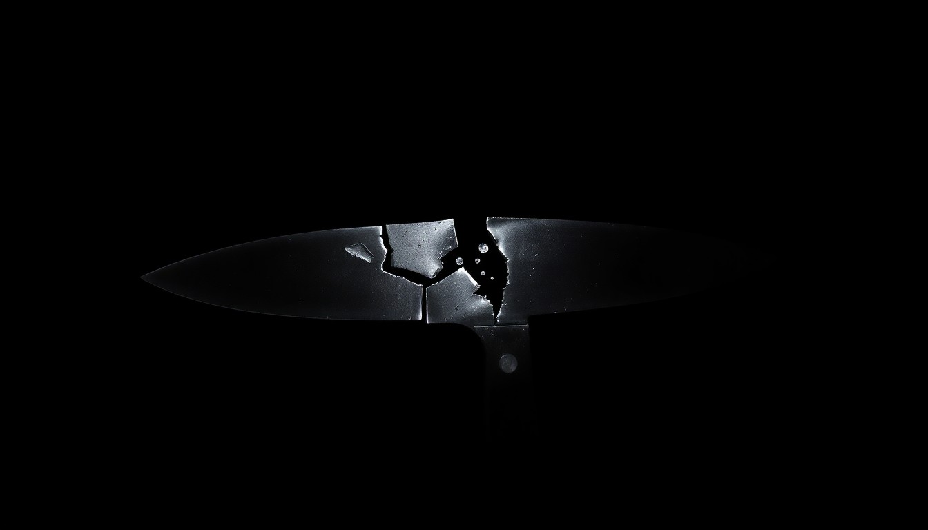 An extreme close-up photograph of a shattered knife blade against a pitch-black background, creating a stark, gritty, investigative aesthetic through the use of harsh, direct flash lighting.