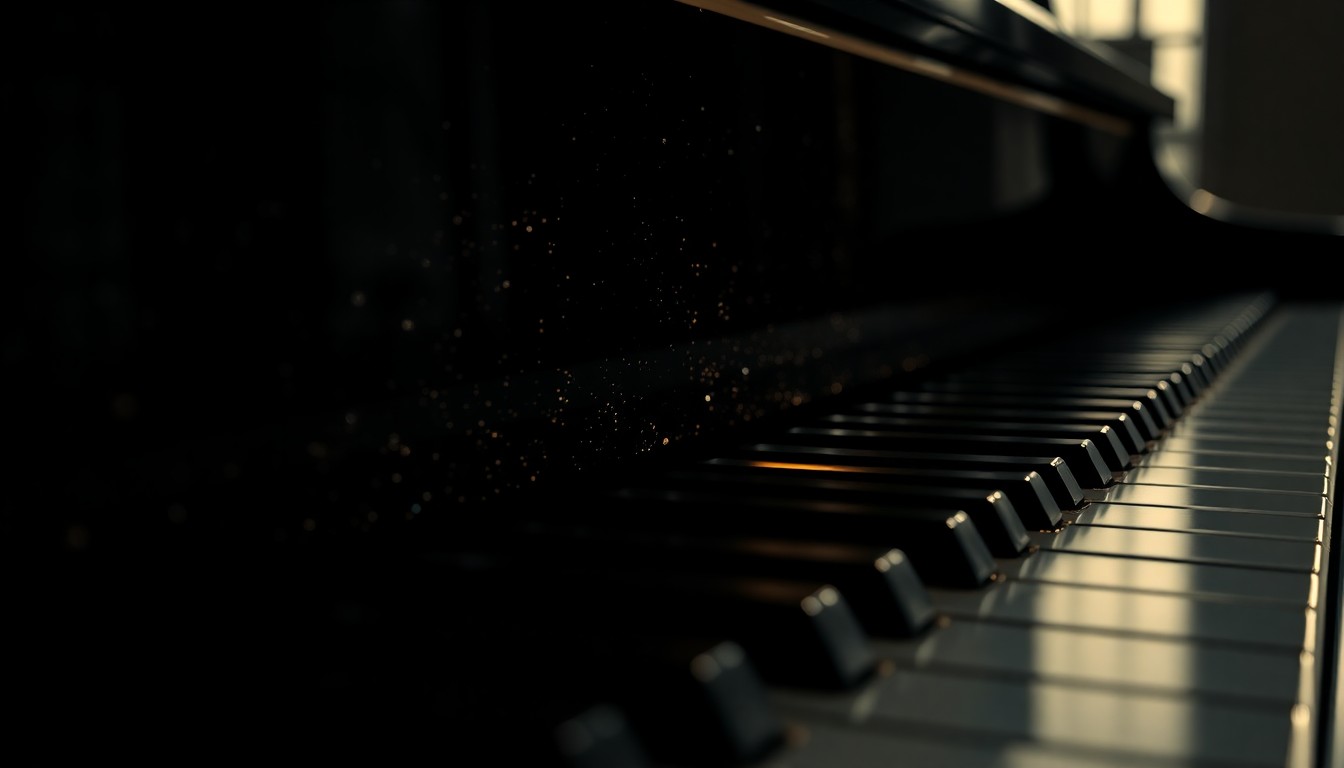 An abstract, high-contrast close-up photograph of the glossy, reflective surface of a grand piano's ebony keys, capturing the luxurious, glamorous texture of the instrument.
