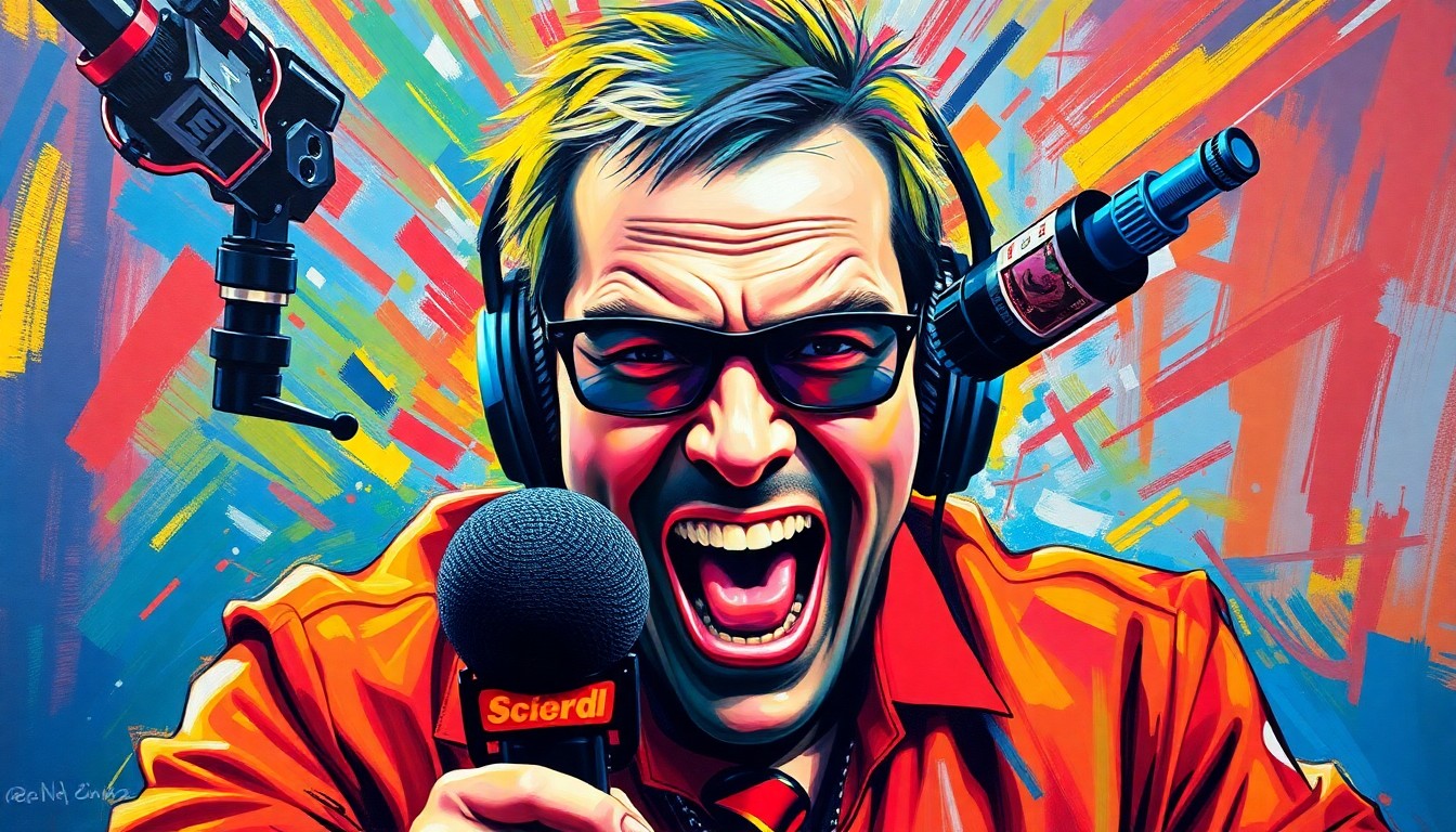 An abstract, expressionist painting featuring bold, neon-colored brushstrokes that convey a sense of high-energy, dynamic movement, representing the vibrant personality and influential career of a pioneering sports radio host.