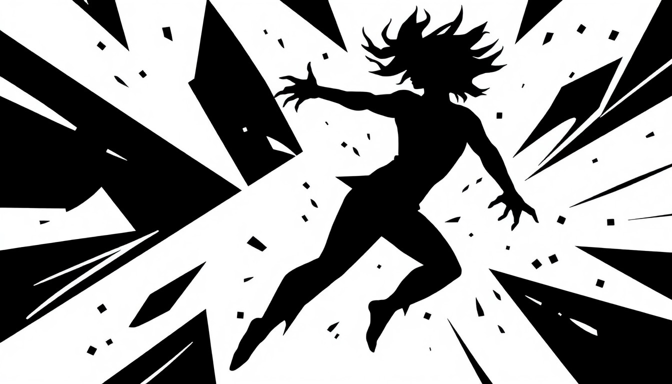 An abstract, minimalist illustration featuring sharp, angular shapes in black and white, conveying the powerful energy and movement of a dance performance.