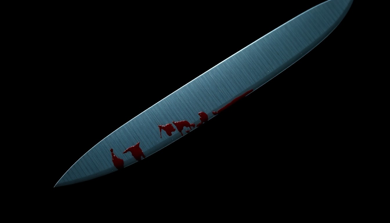 An extreme close-up of a single bloody knife blade against a pitch-black background, creating a stark, gritty, and investigative aesthetic through the use of harsh, direct lighting.