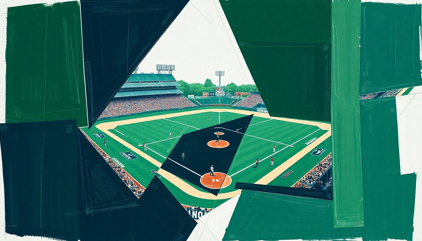 A fragmented, geometric painting depicting a college baseball game with sharp, overlapping planes of green, white, and navy blue, conveying the dynamic energy and competition of the matchup.
