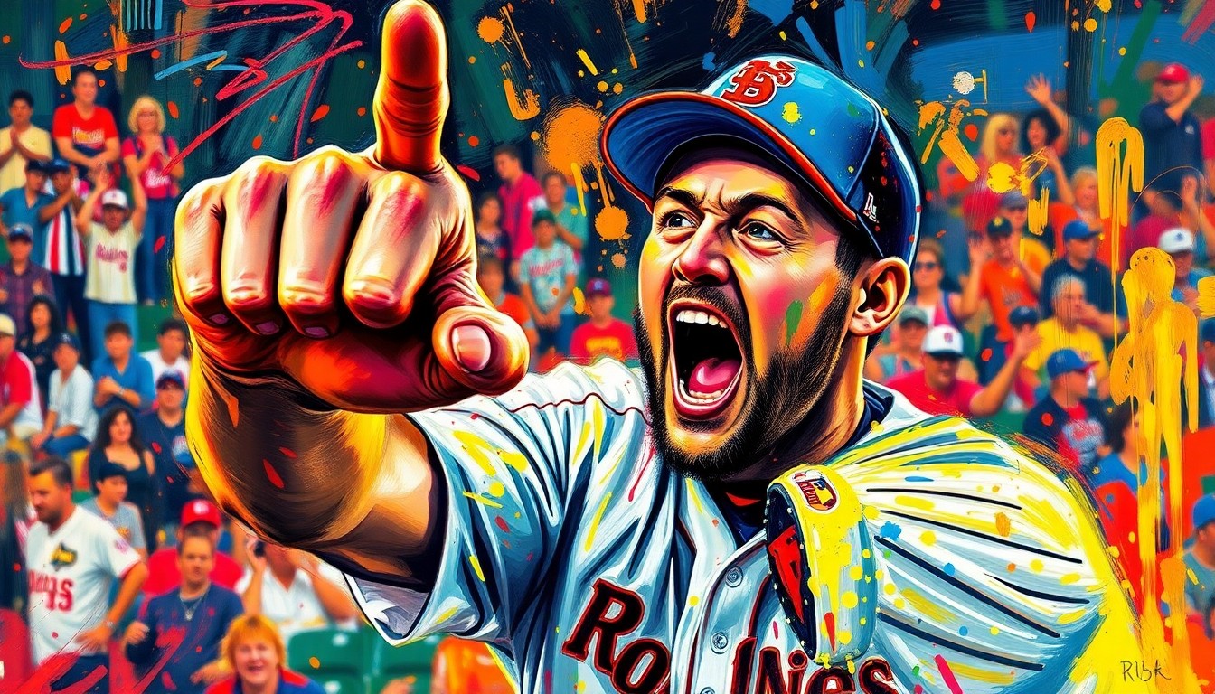 An extreme close-up of a baseball player's hand making an obscene gesture, the details of the player's face and uniform blurred into vibrant, expressionist brushstrokes of neon colors, capturing the raw emotional energy of the moment.