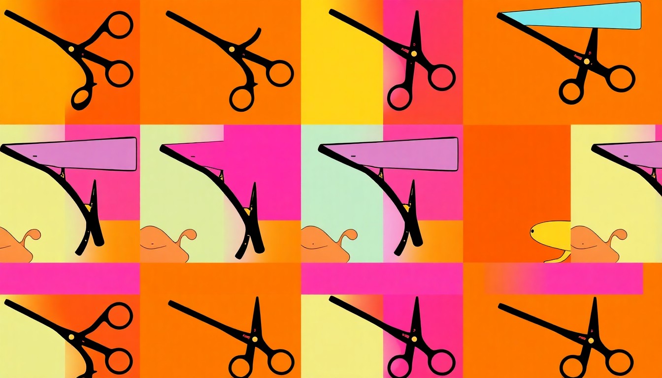 A vibrant, high-contrast silkscreen print of a pair of scissors repeated in a grid pattern, representing the technical skills and creativity of Vernon College's cosmetology students.