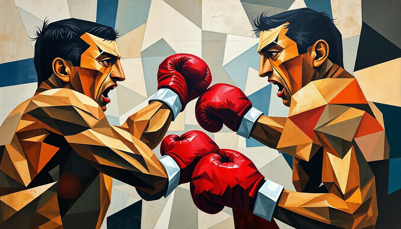 A fractured, geometric painting depicting two boxers engaged in a match, their forms broken down into sharp, overlapping planes of color and shape to convey the raw energy and tension of the fight.