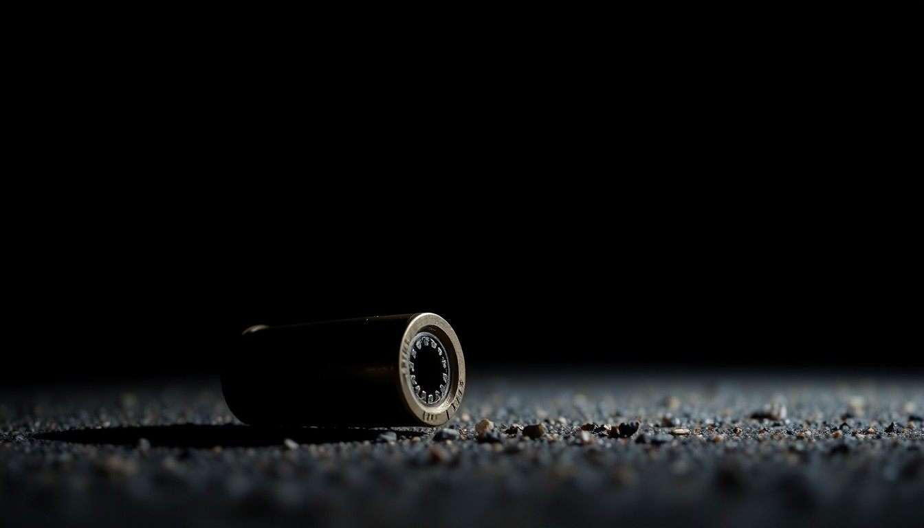 An extreme close-up photograph of a spent shell casing on the ground, capturing the stark, gritty, and investigative aesthetic of the crime scene.