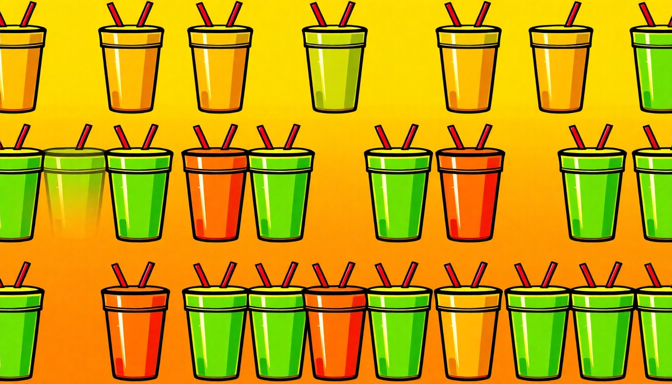 A vibrant, high-contrast silkscreen print of a single, iconic smoothie cup repeated in a tight grid pattern, using a neon color palette and heavy black outlines to transform an everyday wellness item into modern pop art.