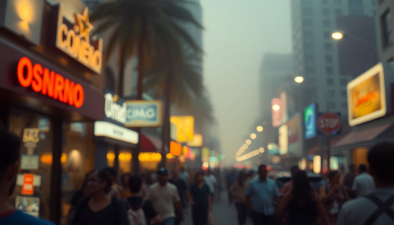 An extremely abstracted, out-of-focus photograph of a crowded urban street in Los Angeles, with blurred streetlights, storefronts, and pedestrians creating a dreamlike, impressionistic atmosphere that conveys a sense of melancholy and uncertainty.