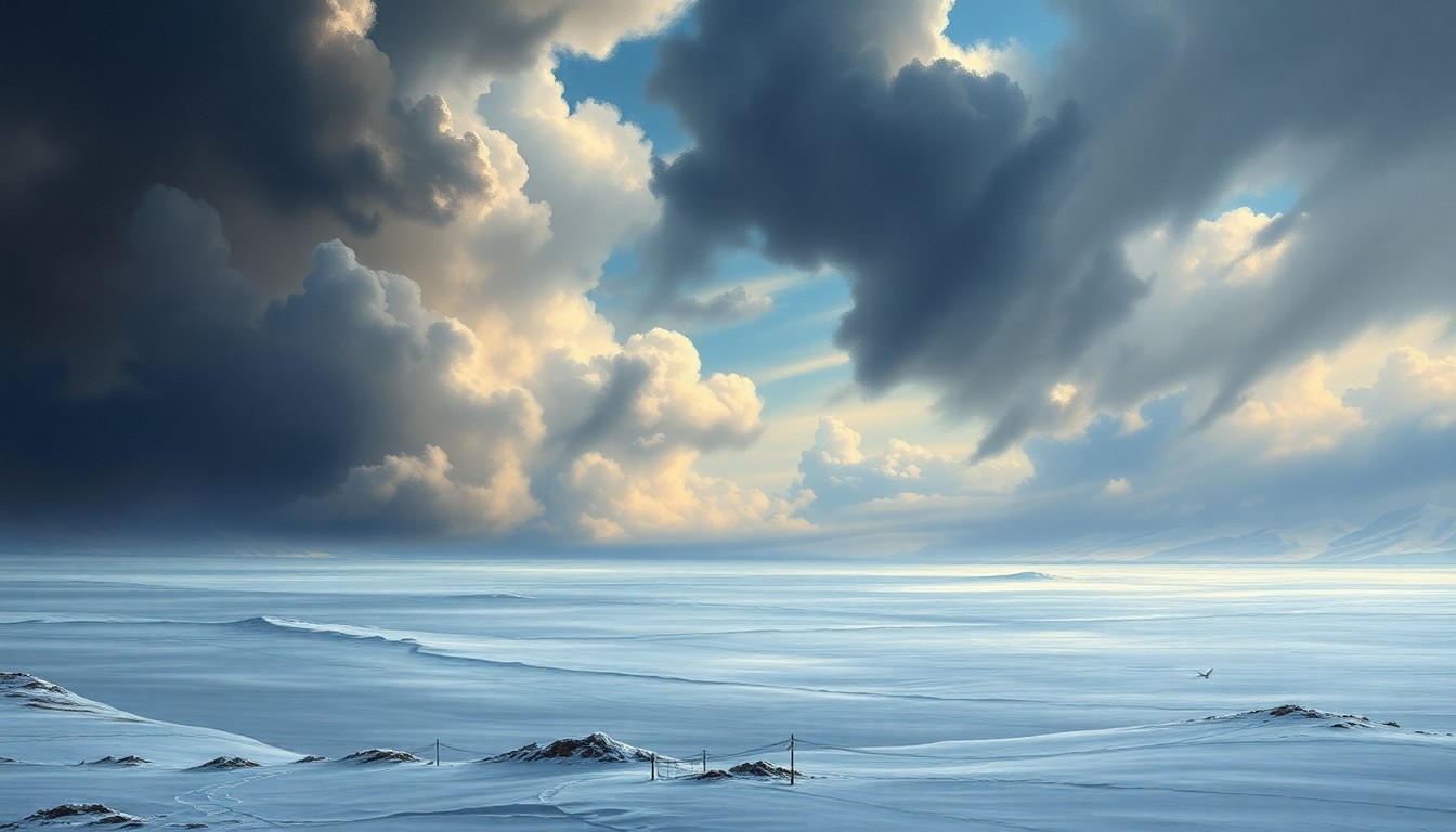 A sweeping, majestic landscape painting in muted tones of gray, blue, and white, depicting a vast, frozen expanse under a turbulent, stormy sky. The scene conveys a sense of the overwhelming power and sublime scale of nature, with any physical structures or objects barely visible and dwarfed by the atmospheric conditions.
