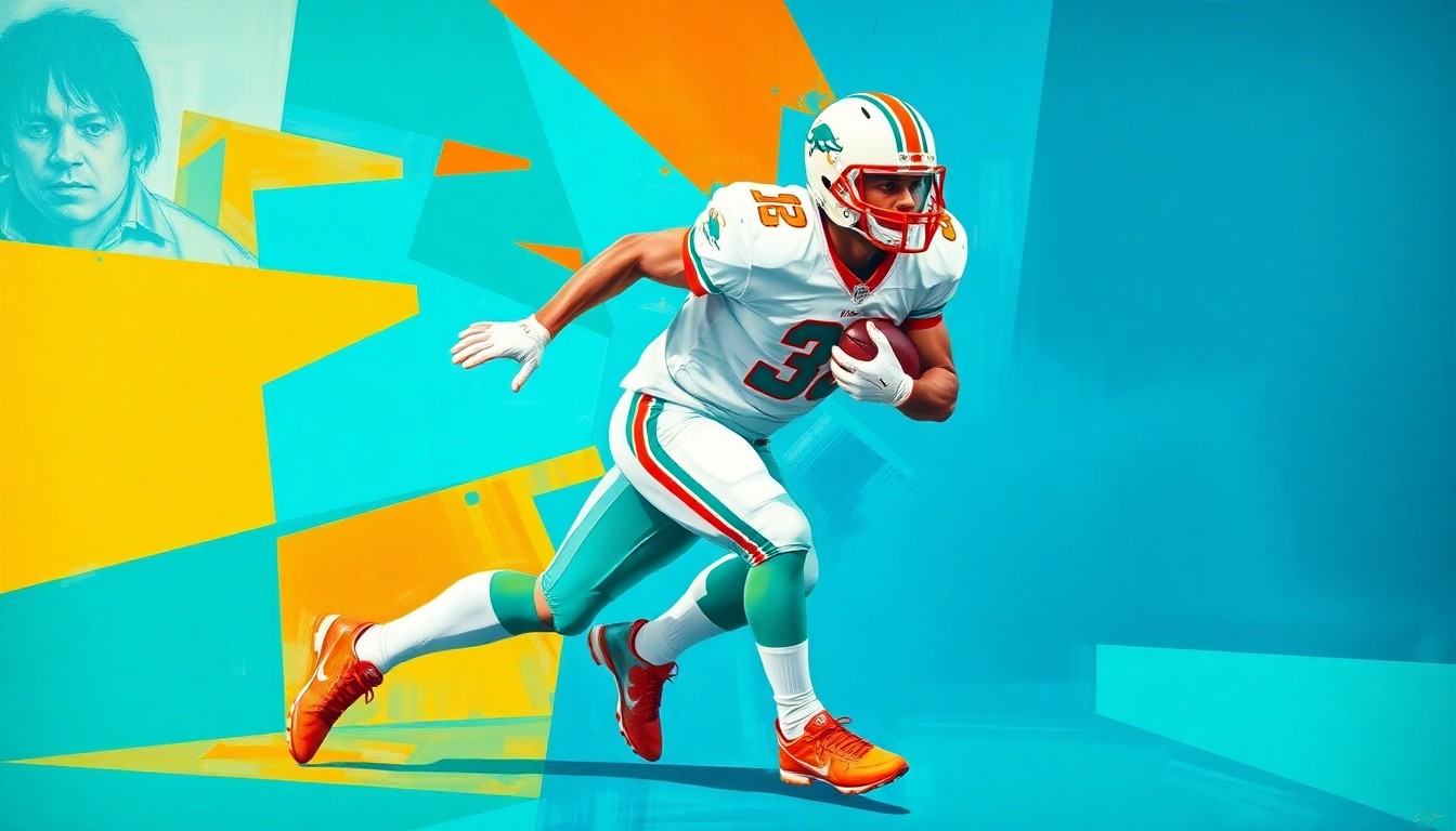 A cubist, geometric painting depicting a Miami Dolphins running back in motion, broken down into overlapping planes of vibrant aqua, orange, and white colors, capturing the dynamic energy of the player.