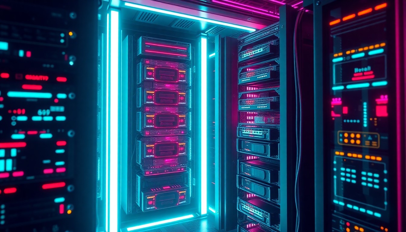 A highly detailed 3D illustration of a glowing, futuristic-looking AI server rack or data center infrastructure, with neon cyan and magenta lights illuminating the complex hardware components, conceptually representing the powerful yet fragile nature of AI technology and the potential legal risks associated with its use.