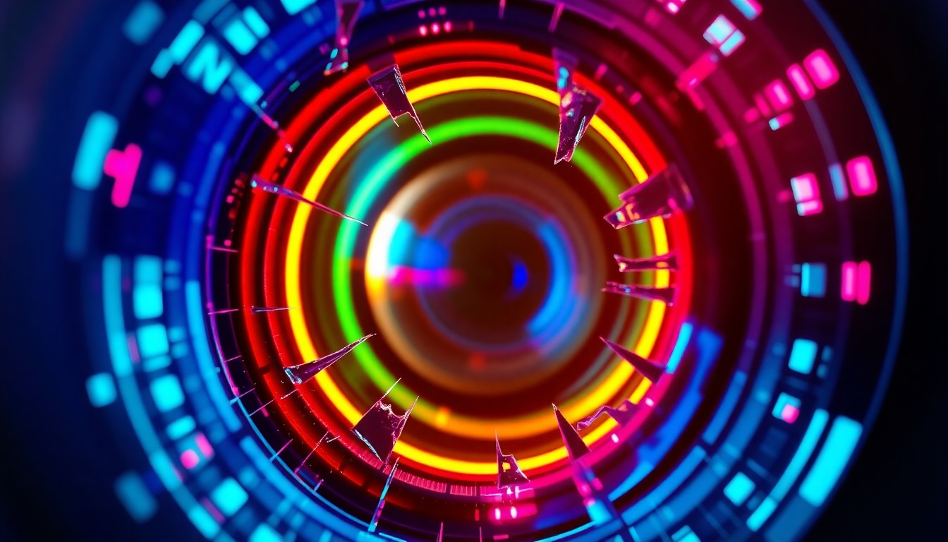 A close-up view of a damaged AI sensor or camera lens, its surface cracked and reflecting a faint red glow, conveying the tensions and concerns surrounding the advancement of AI systems.