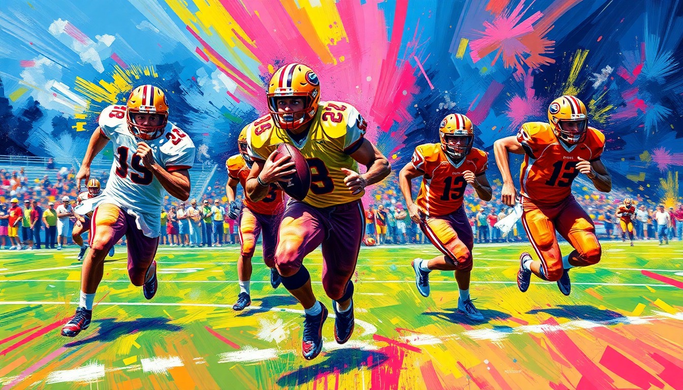 An abstract, expressionist painting featuring bold, neon-colored brushstrokes that capture the dynamic movements and raw energy of young football players on the field.