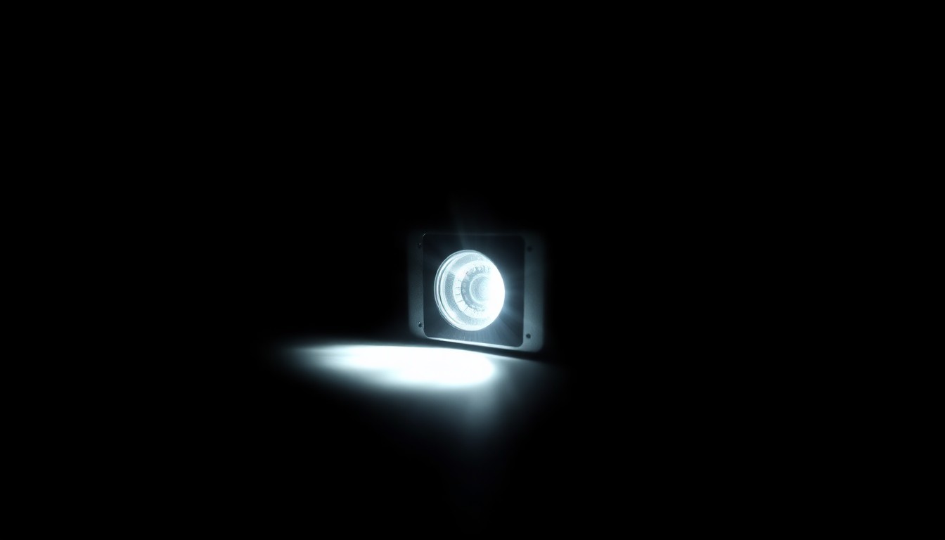 An extreme close-up of a small electronic device, such as a listening bug or hidden camera, lit by a harsh, direct flash against a pitch-black background, conveying a stark, gritty, investigative aesthetic.