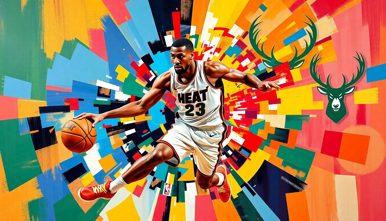 A fractured, cubist-style painting depicting the explosive energy and movements of a basketball player, with sharp, overlapping geometric planes in vibrant shades of red, yellow, and green.