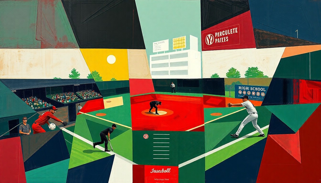 A cubist, geometric painting depicting the dynamic action of a high school baseball or softball game, with overlapping planes of navy, green, and red conveying the intensity of the competition.