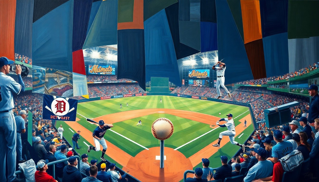 A fragmented, geometric painting depicting a baseball game in motion, with sharp, overlapping shapes and planes representing the dynamic action on the field.