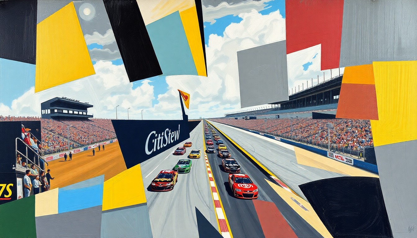 A fragmented, geometric painting depicting the dynamic racing action and competition between two NASCAR drivers at Bristol Motor Speedway.