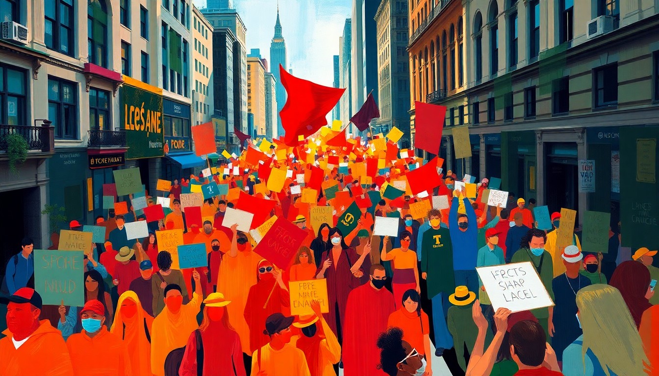 A vibrant, abstract painting of a crowd of protesters marching down a city street, with overlapping geometric shapes and bold brushstrokes in bright primary colors conveying a sense of energy and momentum.