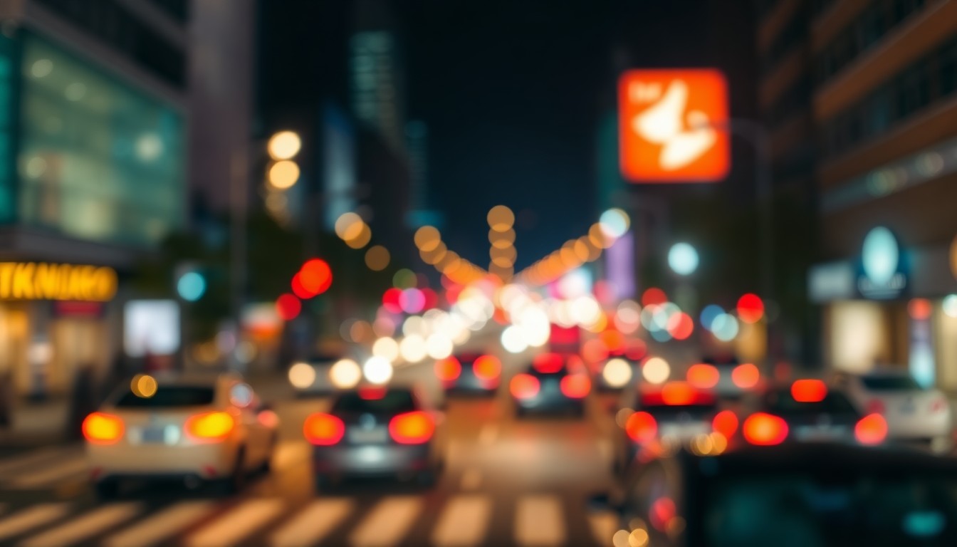 An abstract, impressionistic photograph of a busy city street at night, with blurred lights and colors creating a sense of motion and energy.