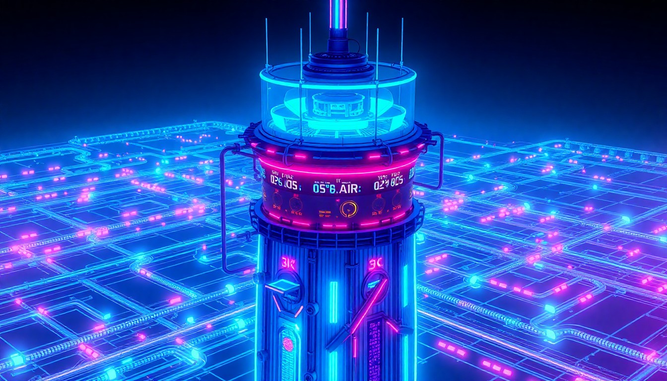 A highly detailed, glowing 3D illustration of a futuristic air traffic control tower, with neon cyan and magenta lights illuminating the complex infrastructure and digital displays. The tower is surrounded by a network of glowing, interconnected cables and circuits, representing the advanced technology and systems that power air traffic control operations.