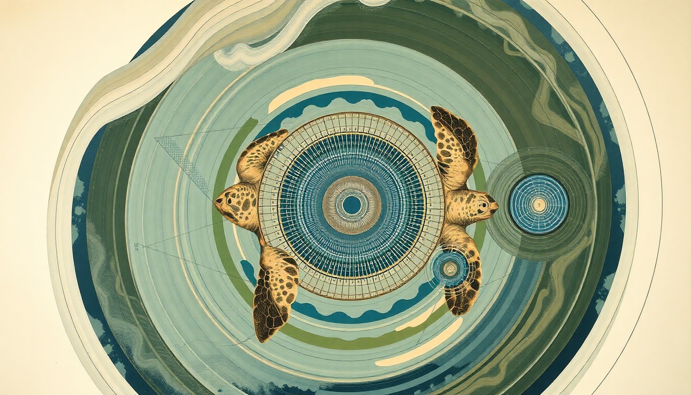 A bold, abstract painting in earthy tones of green, blue, and brown, featuring sweeping geometric arcs, concentric circles, and precise spirals, conceptually representing the intricate life cycle and migratory patterns of the leatherback sea turtle.
