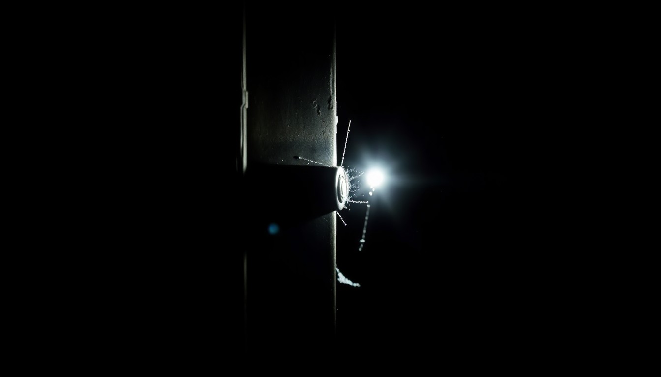 An extreme close-up photograph of a broken window lock, the metallic surface reflecting the harsh flash of the camera against a pitch-black background, conveying a sense of gritty investigation into the trespassing incident.