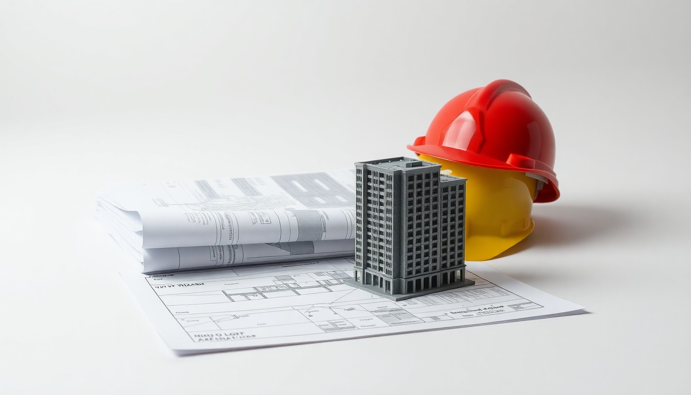 A minimalist studio still life photograph featuring a stack of architectural blueprints, a construction hard hat, and a small model of a high-rise building, arranged on a clean, monochromatic background to symbolize the uncertainty surrounding a canceled real estate project.