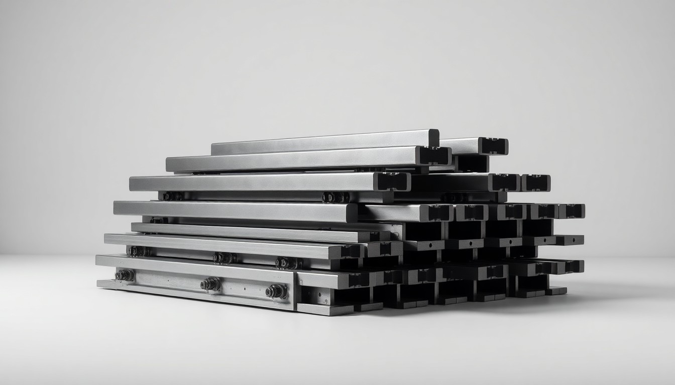 A photorealistic studio still life featuring a stack of gleaming steel railroad rails in various lengths, arranged elegantly on a clean, monochromatic background to represent the abstract concepts of infrastructure, transportation, and domestic manufacturing.