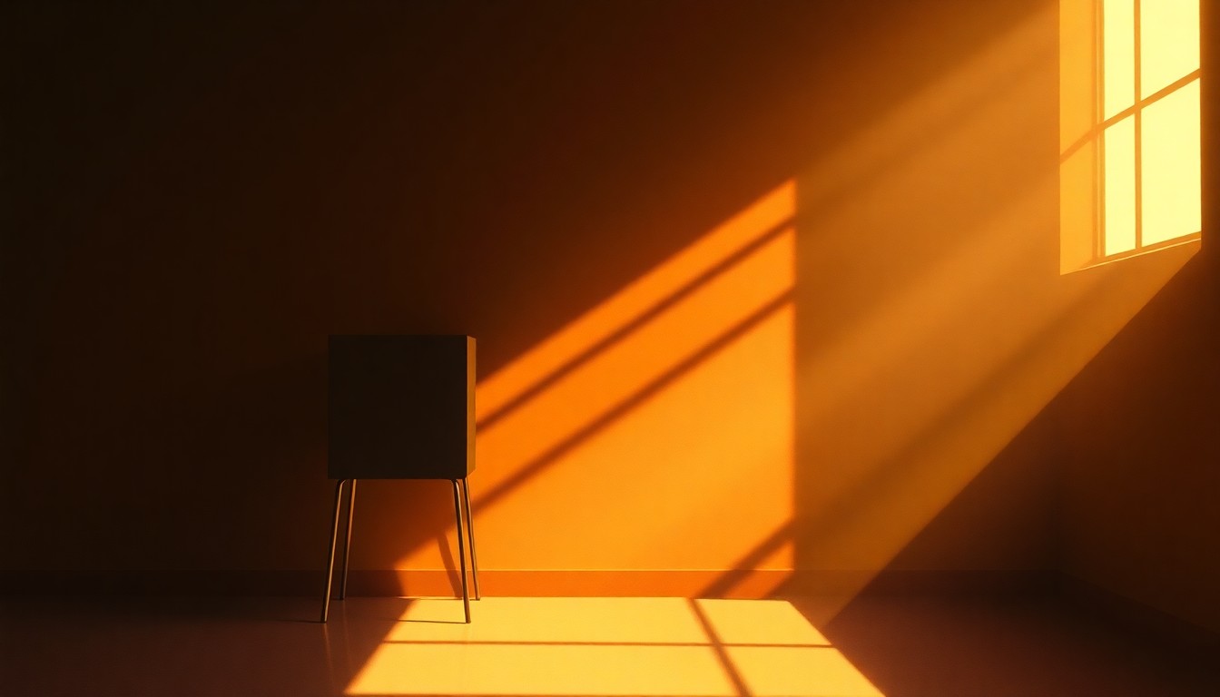 A dimly lit, cinematic painting of a lone voting booth or ballot box sitting in a shadowy urban setting, with warm sunlight streaming in from an unseen window, creating a sense of quiet contemplation around the electoral process.