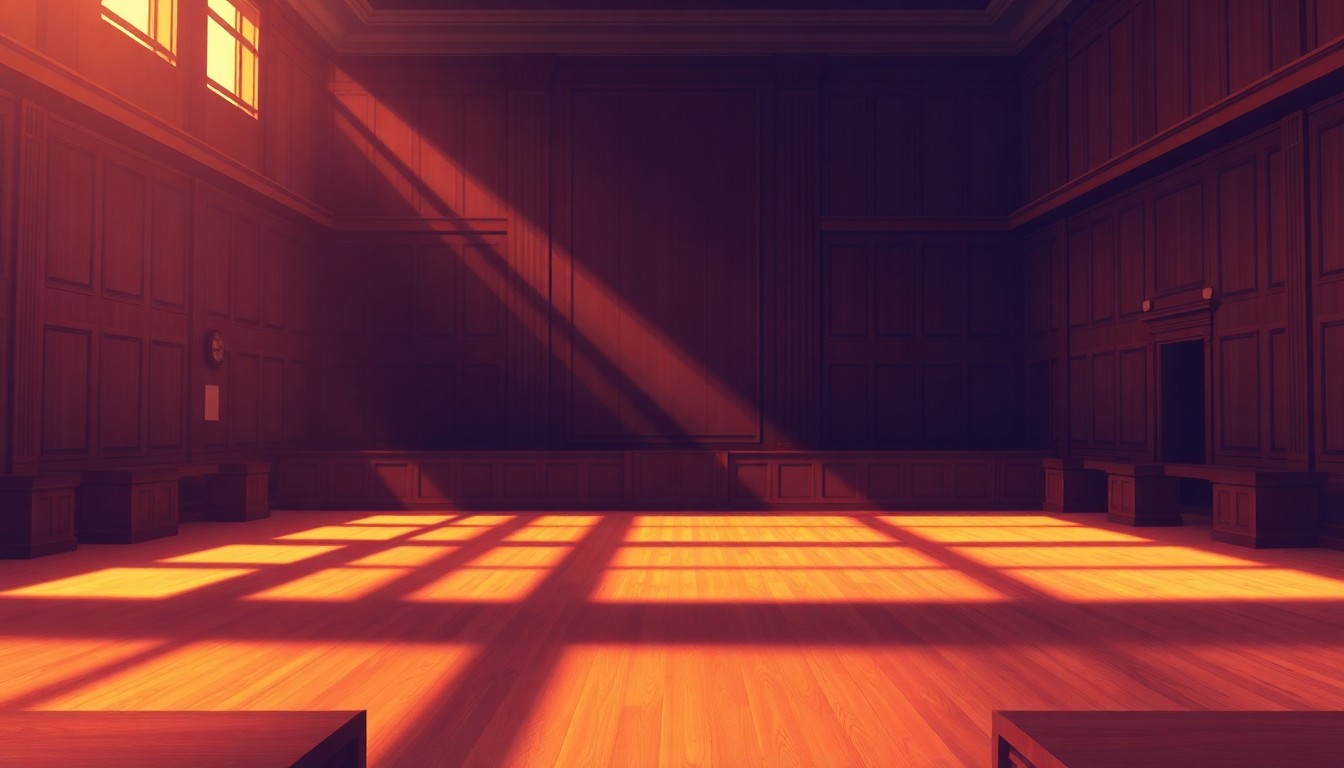 A dimly lit, cinematic courtroom scene with warm, diagonal sunlight streaming through the windows, conveying a sense of solemnity and contemplation around a judicial decision.