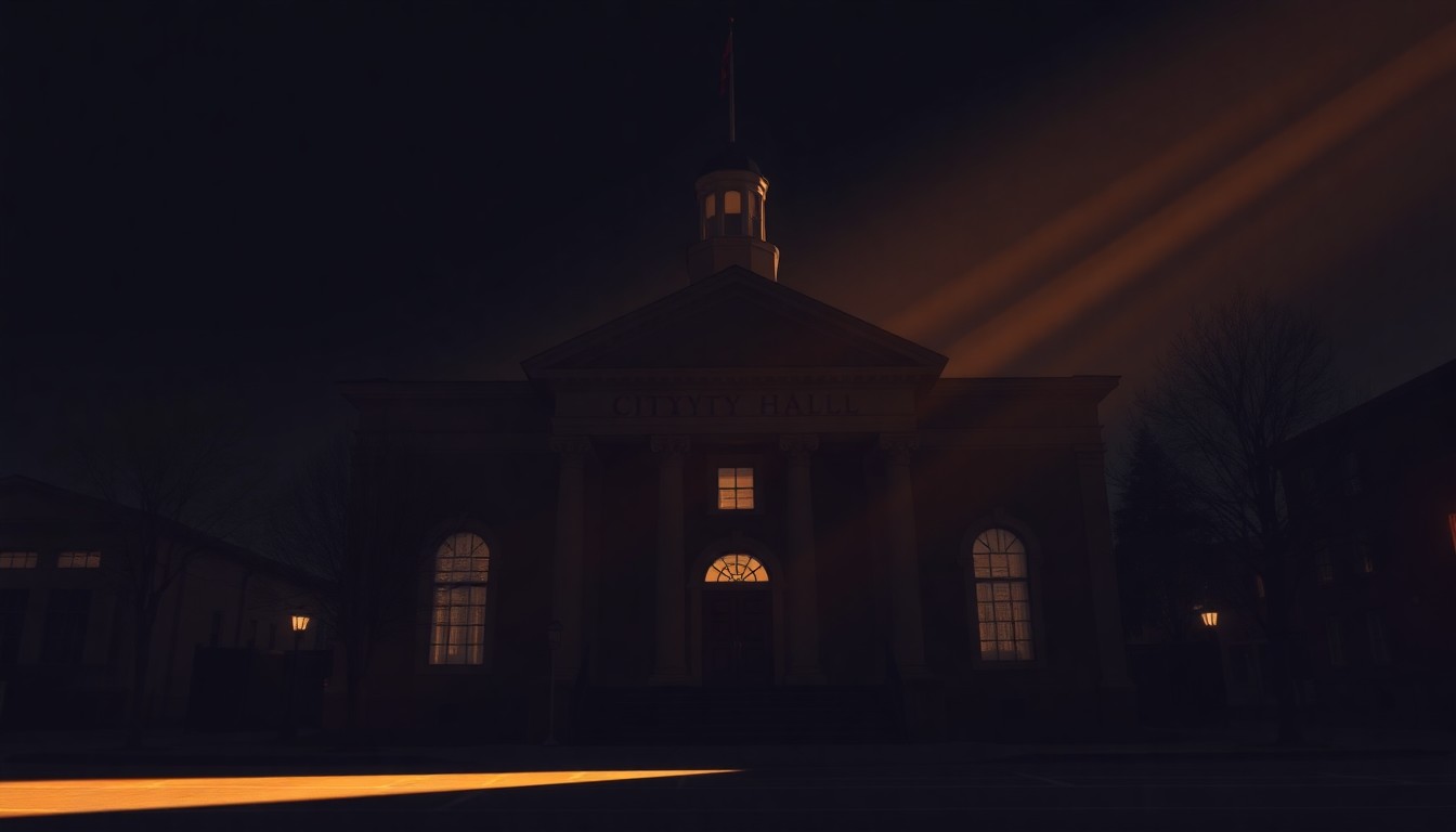 A dimly lit, cinematic painting of a city hall building in warm, golden light and deep shadows, conveying a sense of quiet contemplation and civic duty.