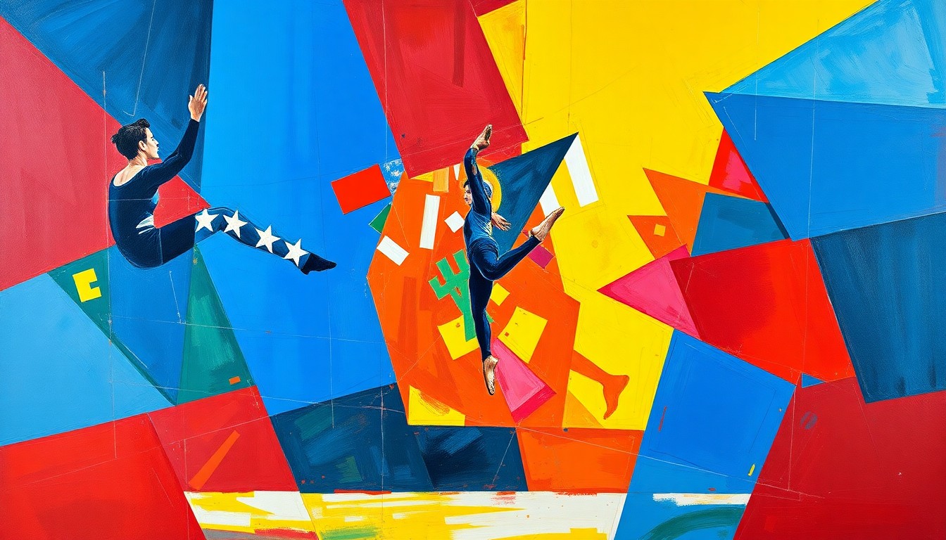A dynamic, cubist-style illustration depicting a gymnastics competition, with the athletes and equipment broken down into fragmented, overlapping geometric shapes in a vibrant color palette.