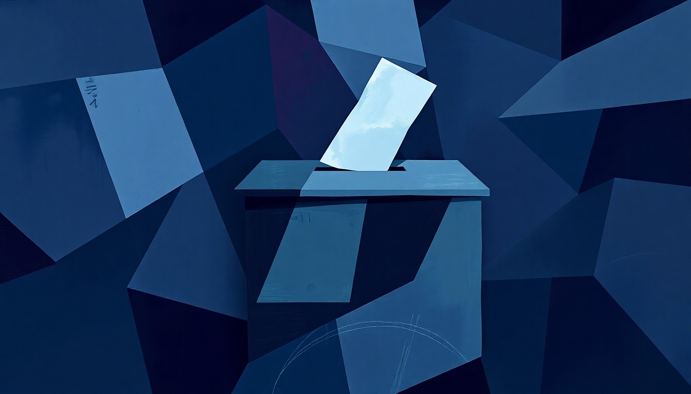 A dynamic, abstract painting featuring a fractured, overlapping geometric representation of a ballot box in shades of navy, grey, and purple, conveying a sense of political tension and uncertainty.