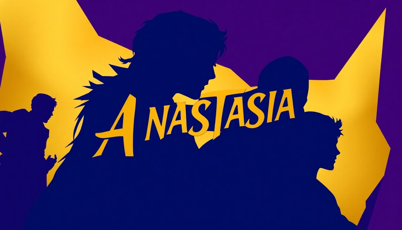 An abstract, geometric composition of interlocking silhouettes in shades of blue, purple, and gold, representing the dramatic characters and story of the 'Anastasia' musical.