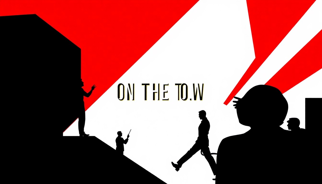 A bold, abstract illustration in the style of Saul Bass, featuring jagged geometric shapes and stark black silhouettes against a high-contrast red and white background, capturing the vibrant spirit of the classic Broadway musical 'On the Town'.
