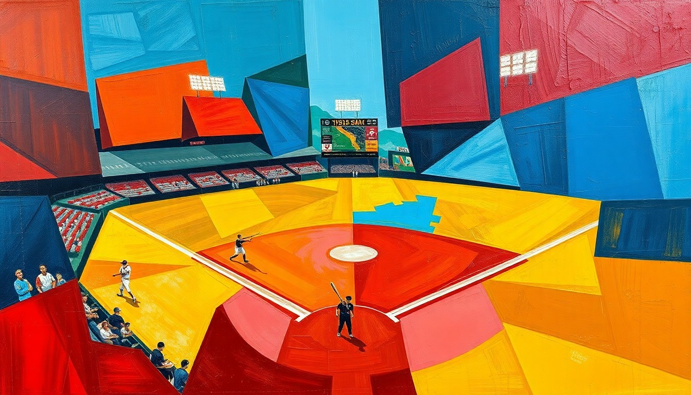 A cubist-style painting featuring overlapping geometric shapes and planes in vibrant colors, representing the multifaceted nature of the Phillies' third base decision.