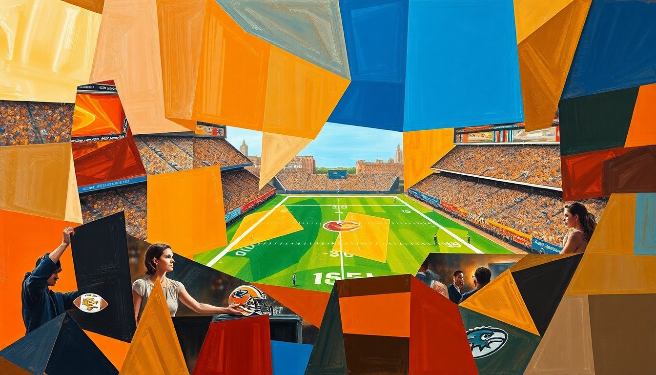 A cubist-style painting depicting a fragmented, geometric interpretation of a football game or NFL draft scene, using a palette of earthy browns, oranges, and blues to convey the strategic maneuvering and high-stakes decision making involved in the draft process.