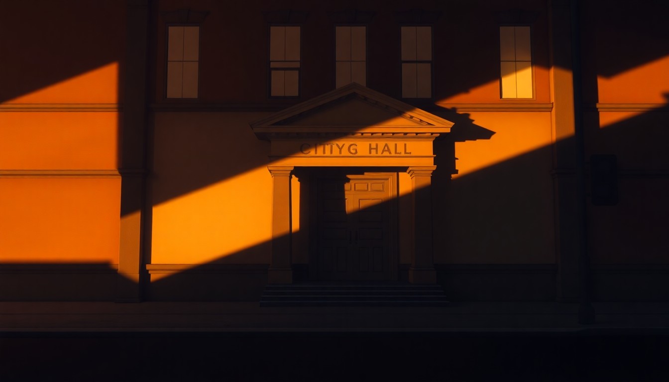 A serene, photorealistic painting of a government building in a small town, with warm sunlight casting long shadows across the facade and surrounding landscape, conveying a sense of quiet contemplation about the role of local politics.