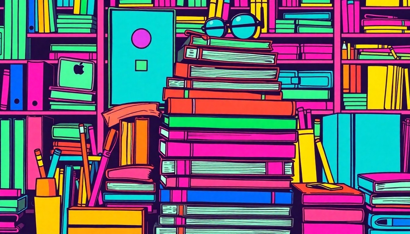 A bold, graphic illustration of school supplies like textbooks, pencils, and notebooks repeated in a grid pattern, conveying the academic rigor and student-focused approach of the AVID program at Curtis Elementary School.