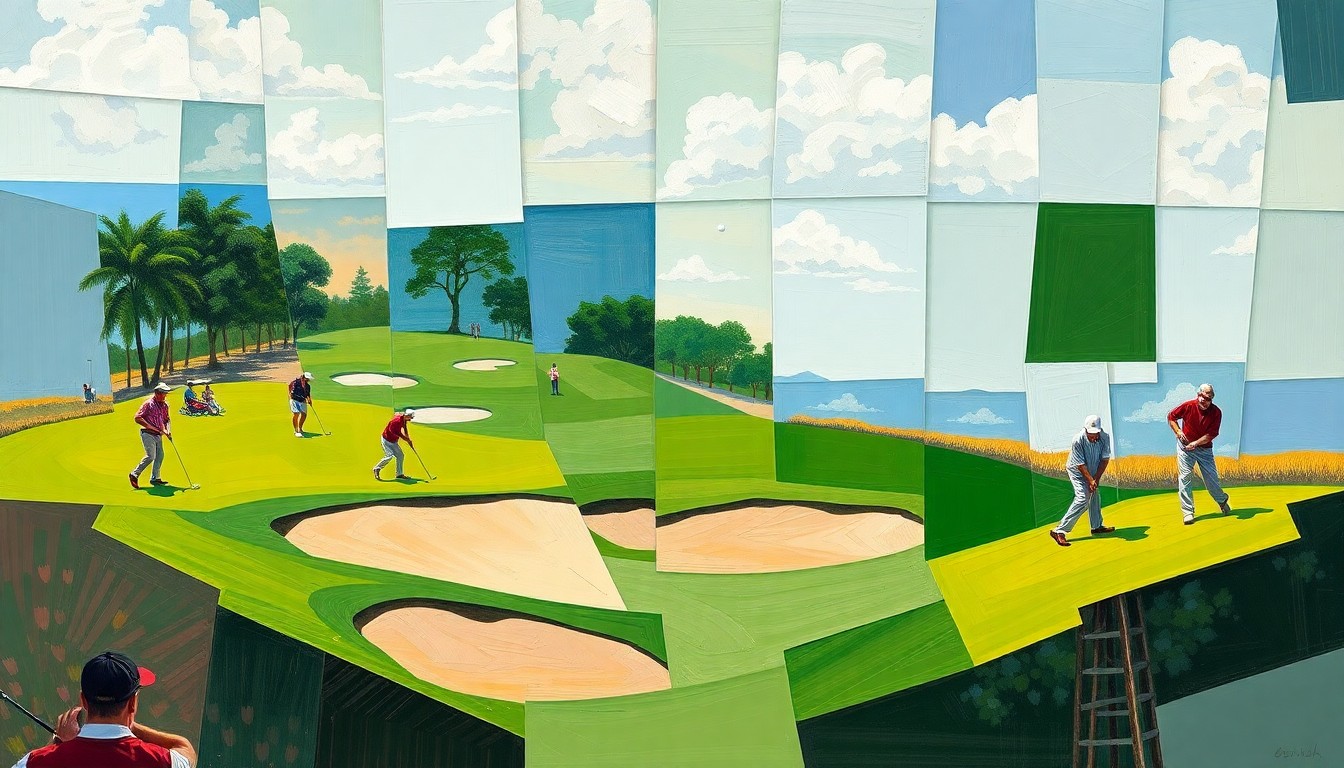 A fragmented, geometric painting depicting the various elements of a senior golf tournament - fairways, sand traps, and golfers in motion - broken down into sharp, overlapping planes of color.