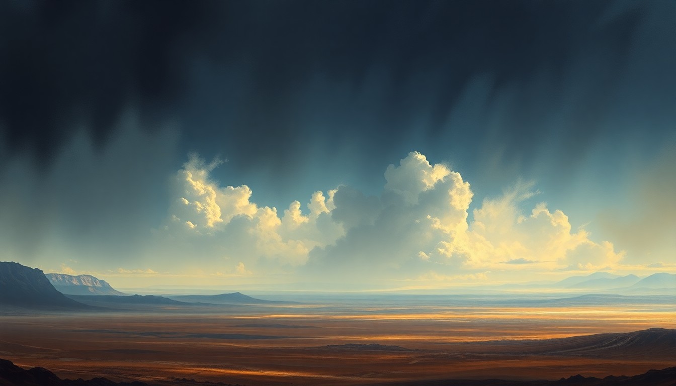 A vast, sweeping desert landscape painting in muted earth tones, with a distant horizon line and dramatic clouds backlit by a warm, golden light, conveying the overwhelming scale and power of the natural environment.